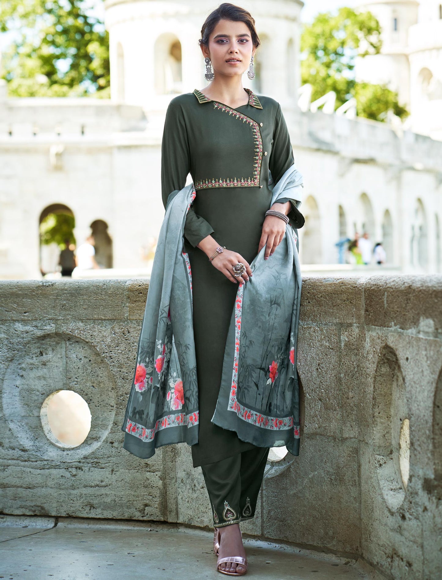 Dark Green Heavy Rayon Kurti with Matching Bottom and Dupatta For Women