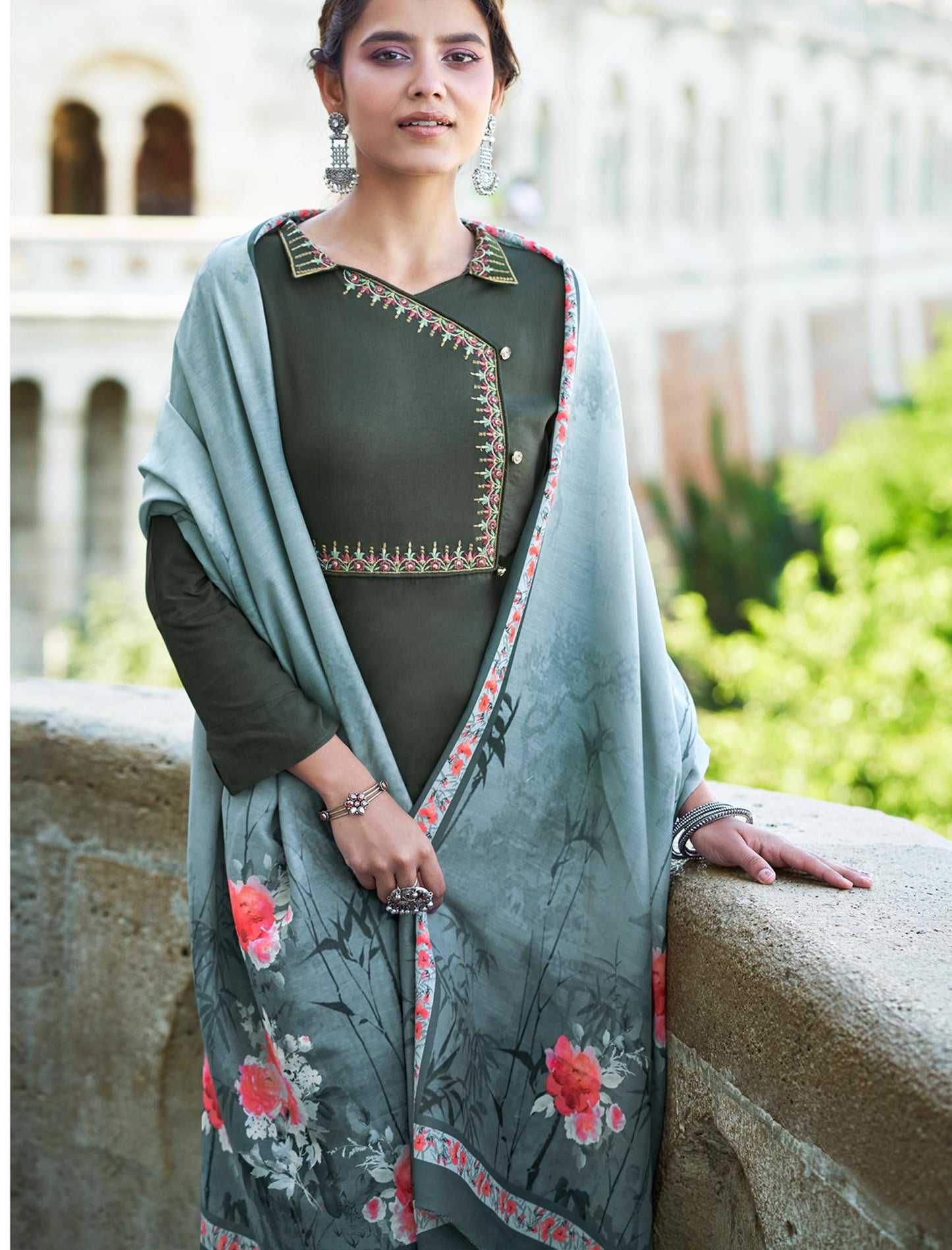 Dark Green Heavy Rayon Kurti with Matching Bottom and Dupatta For Women