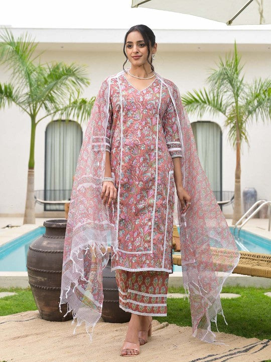 Maroon Floral Print Cotton Handblock Ethnic Kurta Set for Women