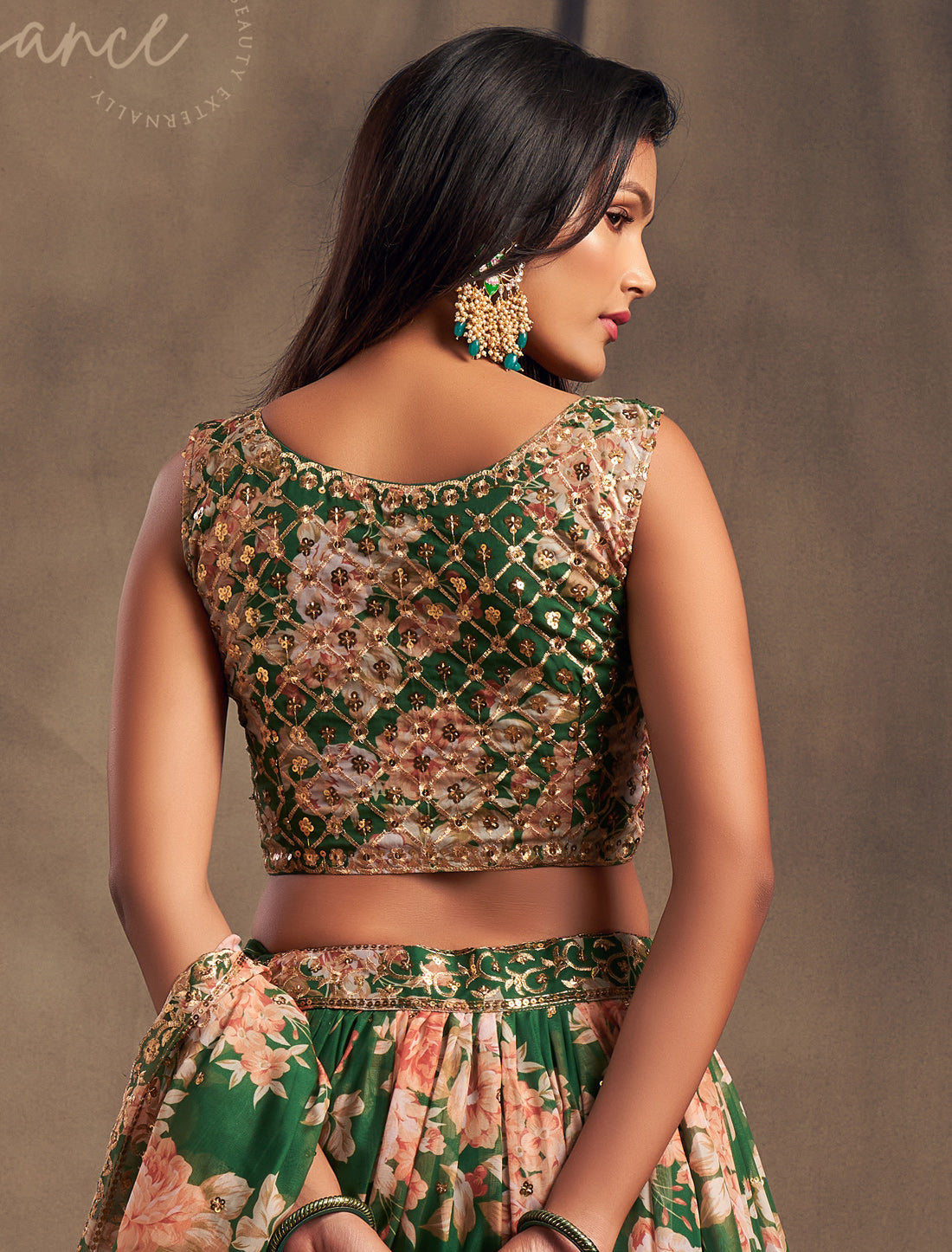 Green Ethnic Lehenga Set With Zari Embroidery