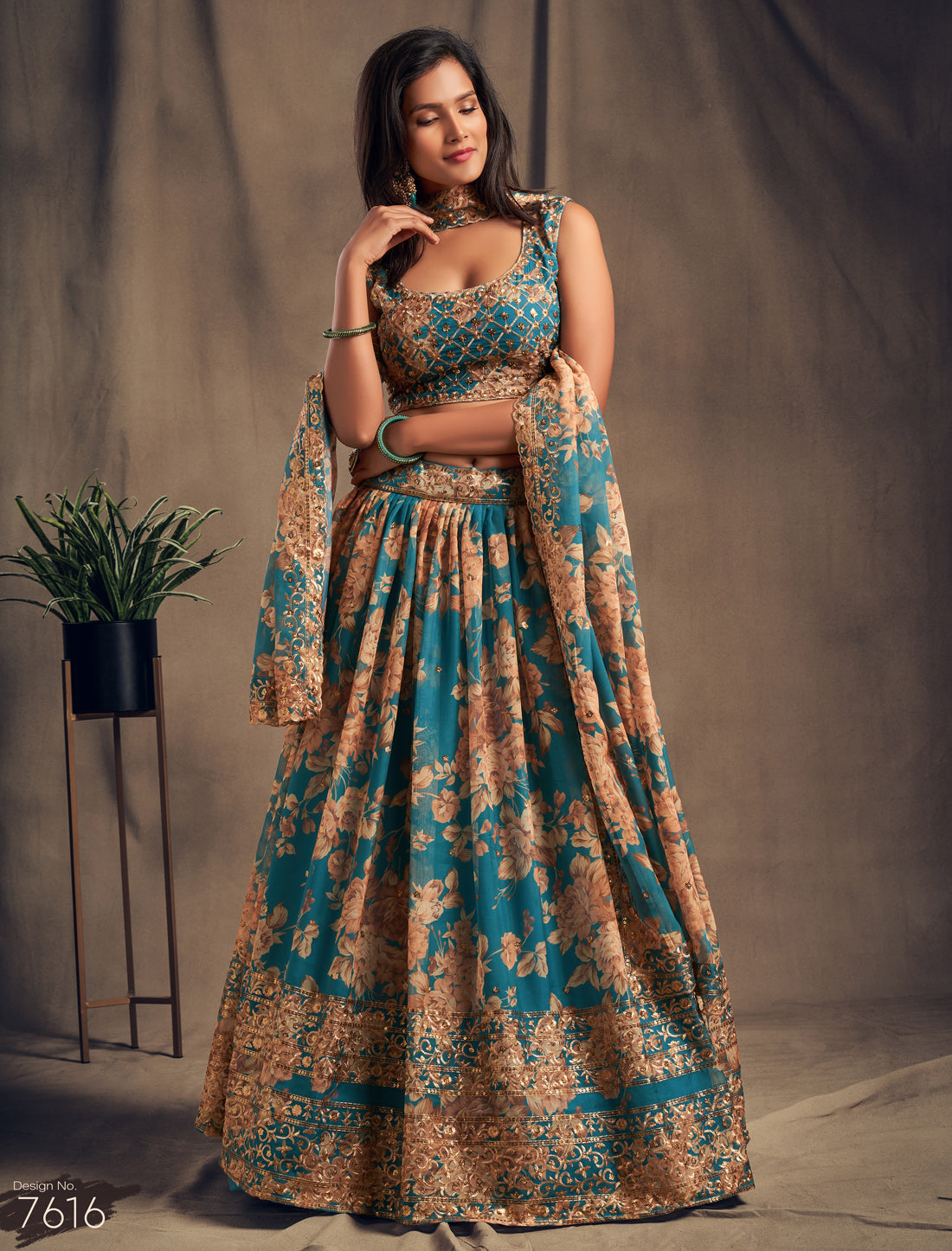 Teal Blue Ethnic Lehenga Choli With Embroidery