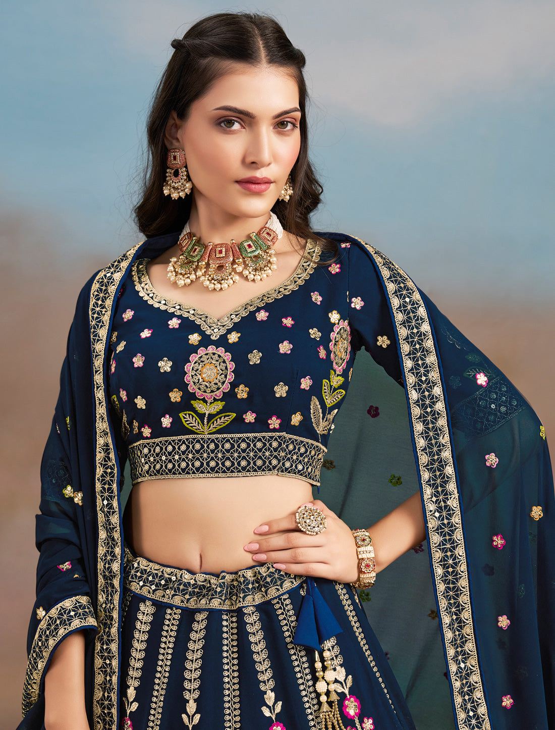 Navy Blue Designer Georgette Lehenga Choli Set With Zari Embroidery