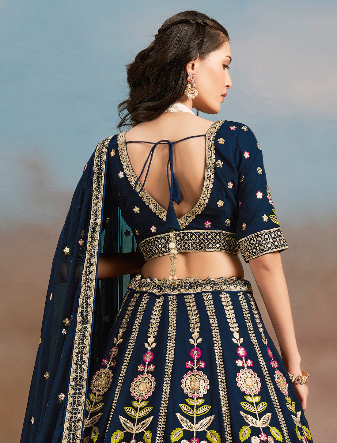 Navy Blue Designer Georgette Lehenga Choli Set With Zari Embroidery