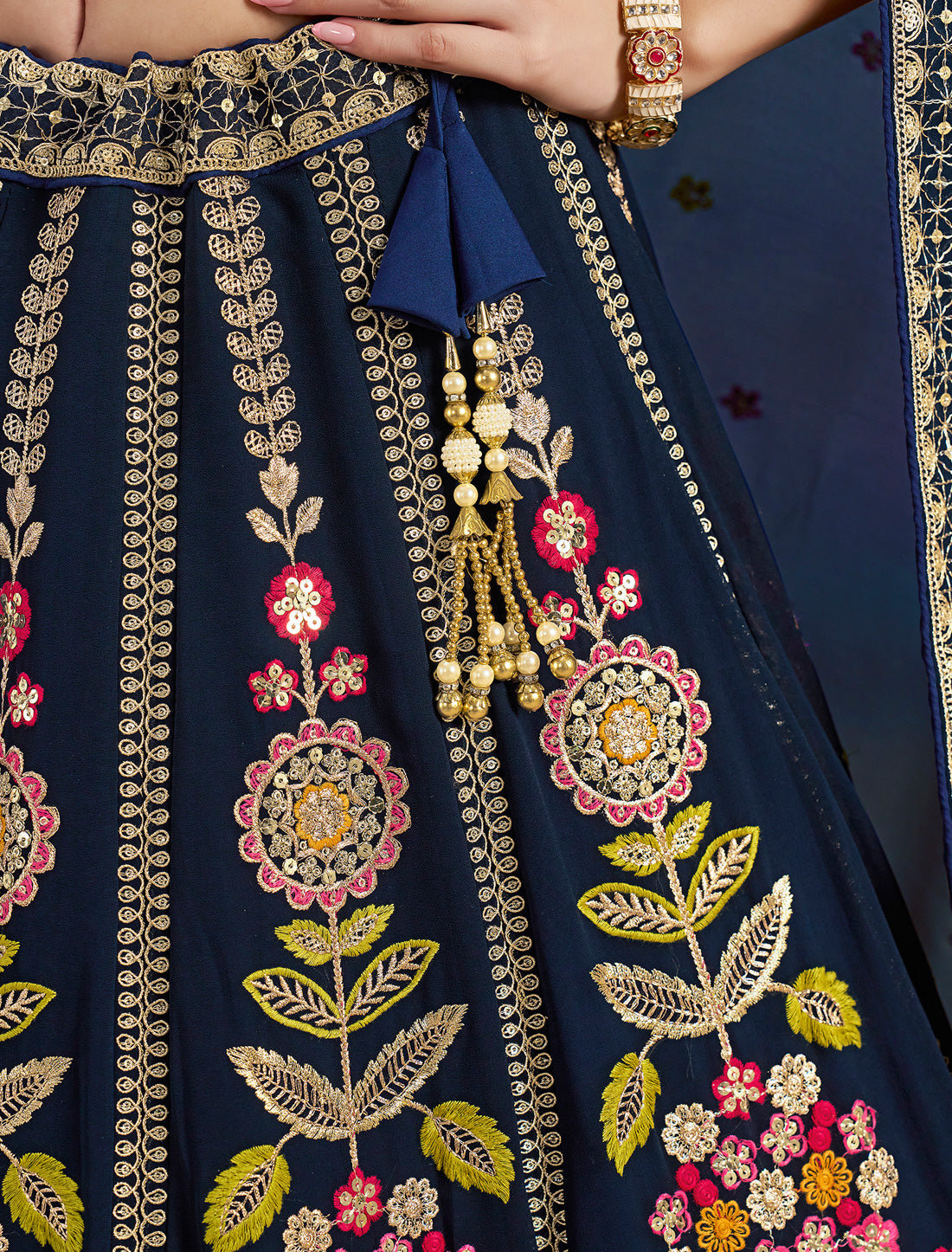 Navy Blue Designer Georgette Lehenga Choli Set With Zari Embroidery