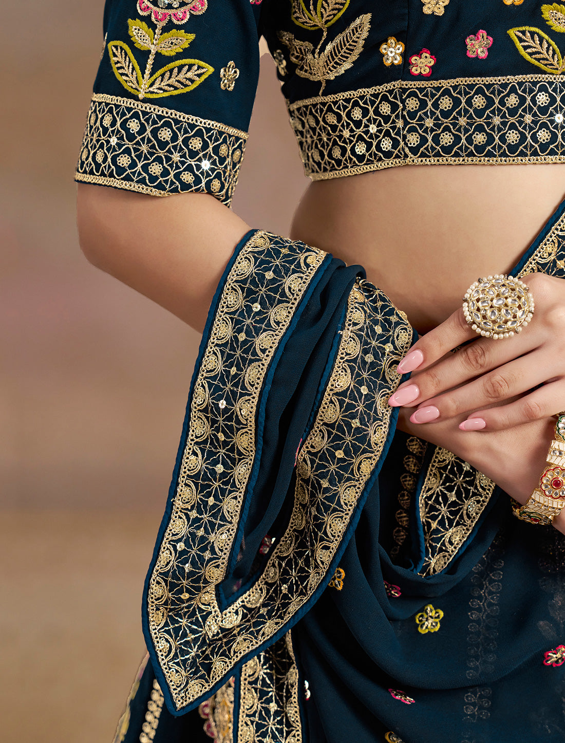 Navy Blue Designer Georgette Lehenga Choli Set With Zari Embroidery