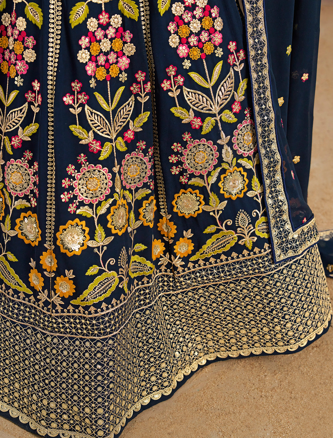 Navy Blue Designer Georgette Lehenga Choli Set With Zari Embroidery