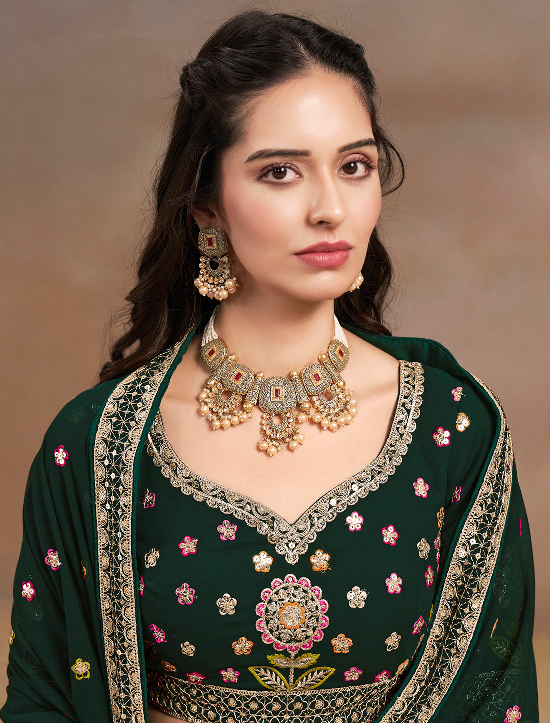 Green Designer Georgette Lehenga Choli Set With Zari Embroidery