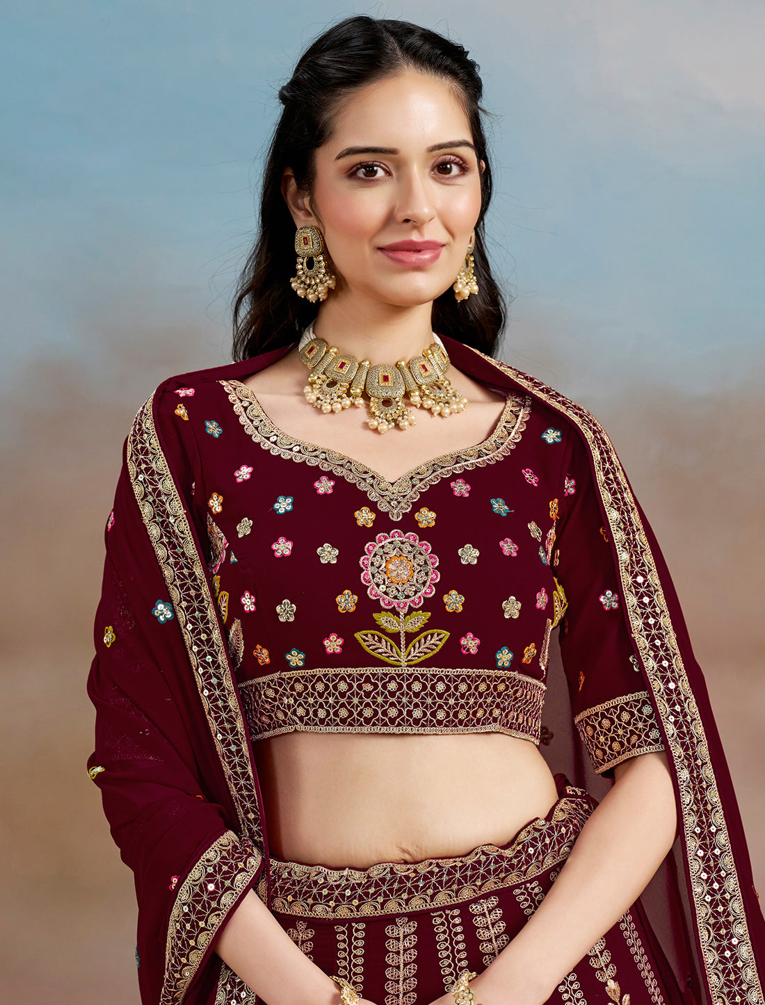 Maroon Designer Georgette Lehenga Choli Set With Zari Embroidery