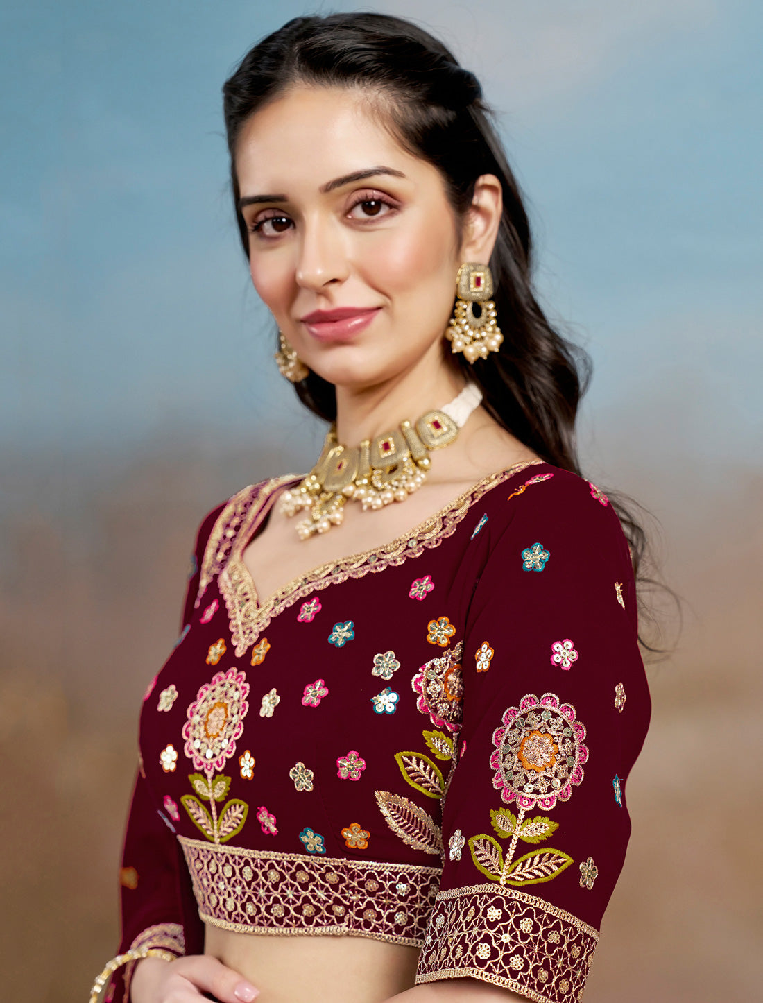 Maroon Designer Georgette Lehenga Choli Set With Zari Embroidery