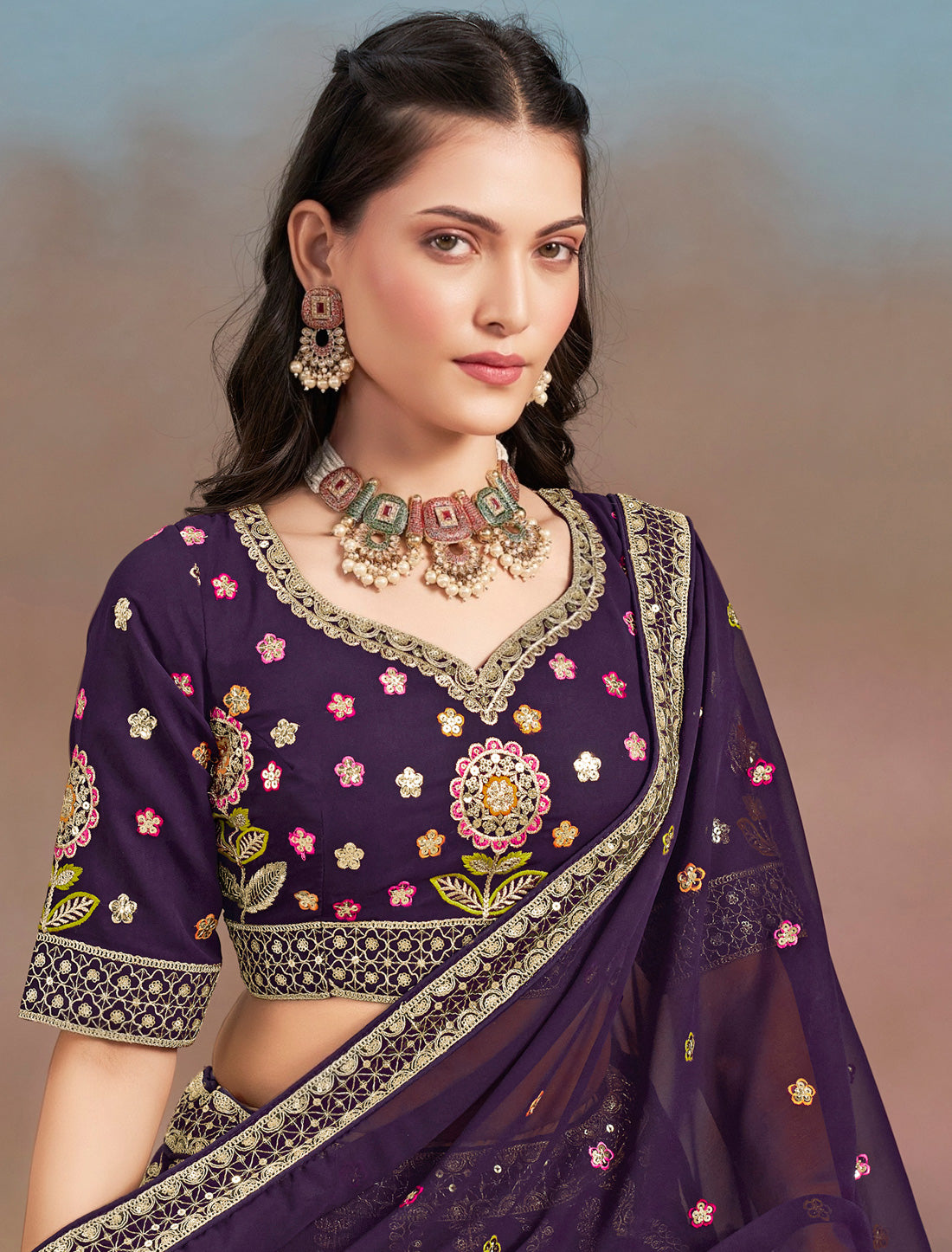 Purple Designer Wedding Georgette Lehenga Choil Set Thread Embroidery