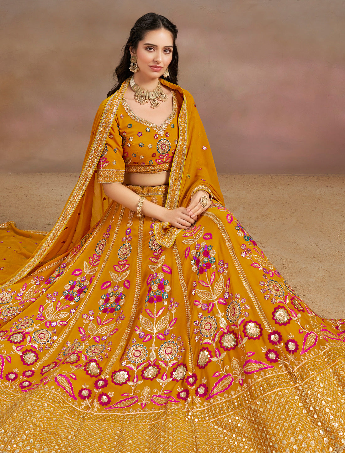 Yellow Ethnic Designer Wedding Georgette Lehenga Choil Thread Embroidery