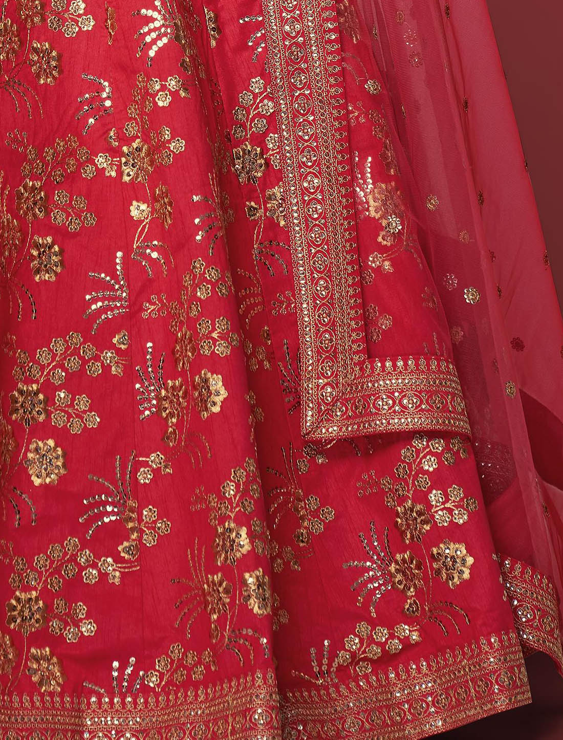 Red Slub Silk Ethnic Semi Stitched Wedding Lehenga Choli For Women with Sequins Embroidery Work