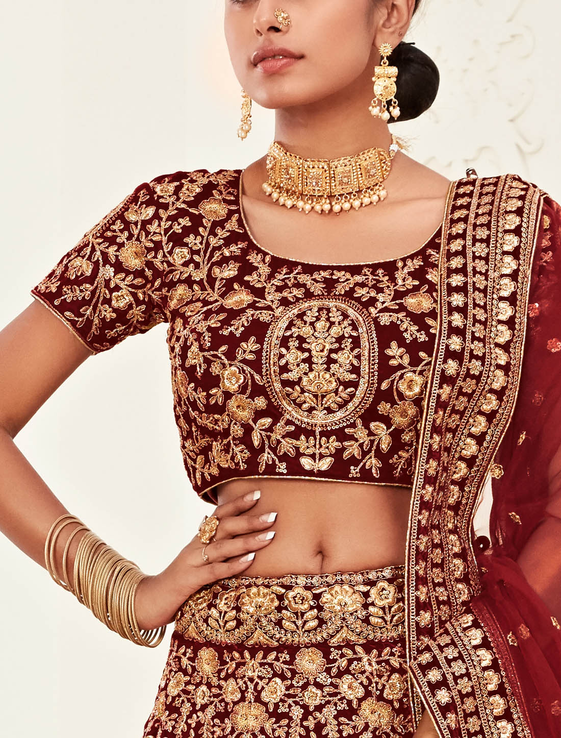 Red Velvet Ethnic Women Semi Stithced Lehenga Choli For Wedding With Soft Net Dupatta & Embroidery Work