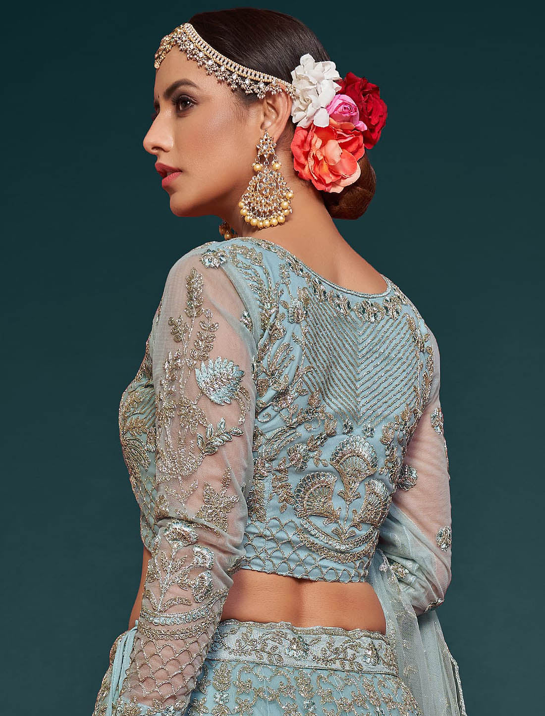 Ocean Aqua Women Ethnic Semi Stitched Lehenga Choli For Wedding With Subtle Brilliance Embroidery Work