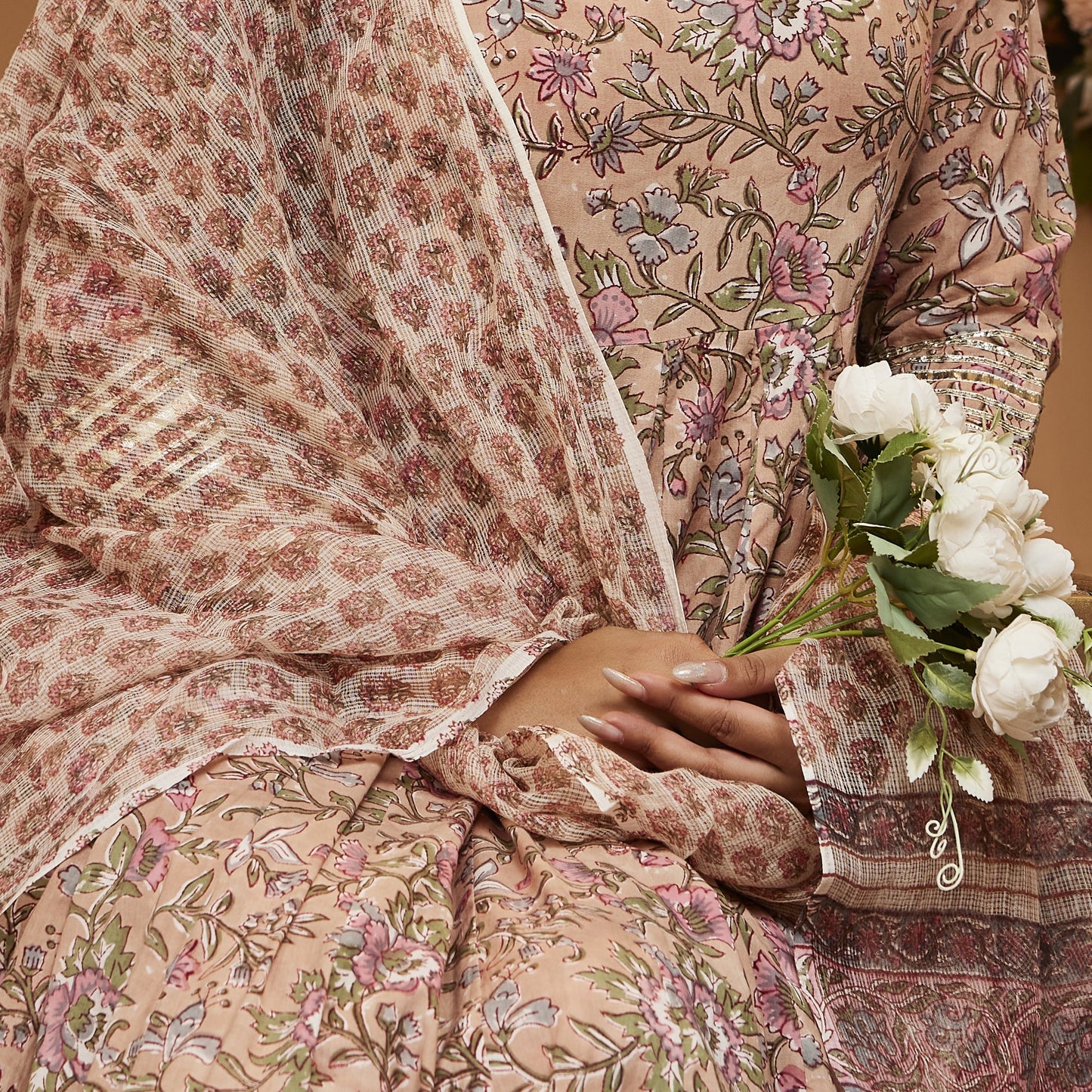 Handblock Floral Printed Beige Anarkali Cotton Kurta Set, Trousers & Dupatta