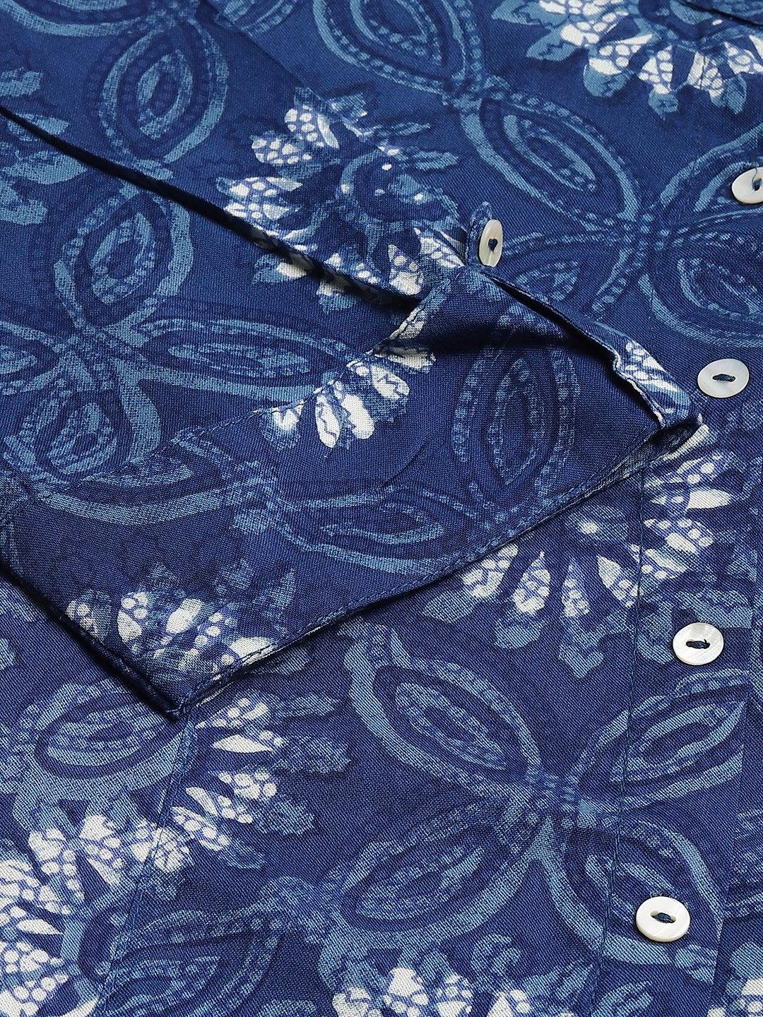 Divena Blue Floral Rayon A-line Shirts Style Top - divenaworld.com