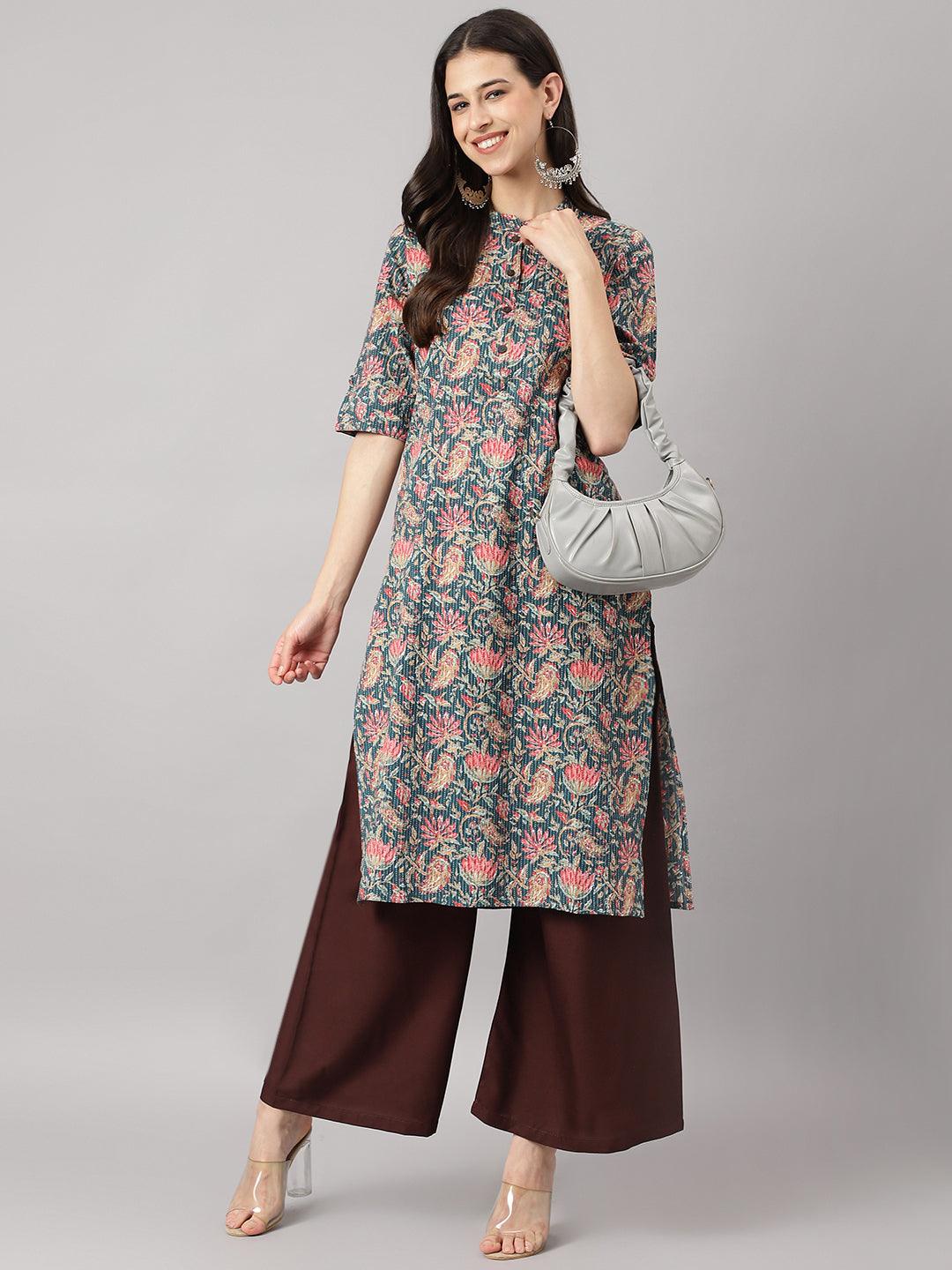Divena Bottle Green Cotton Katha work Straight Kurta - divena world