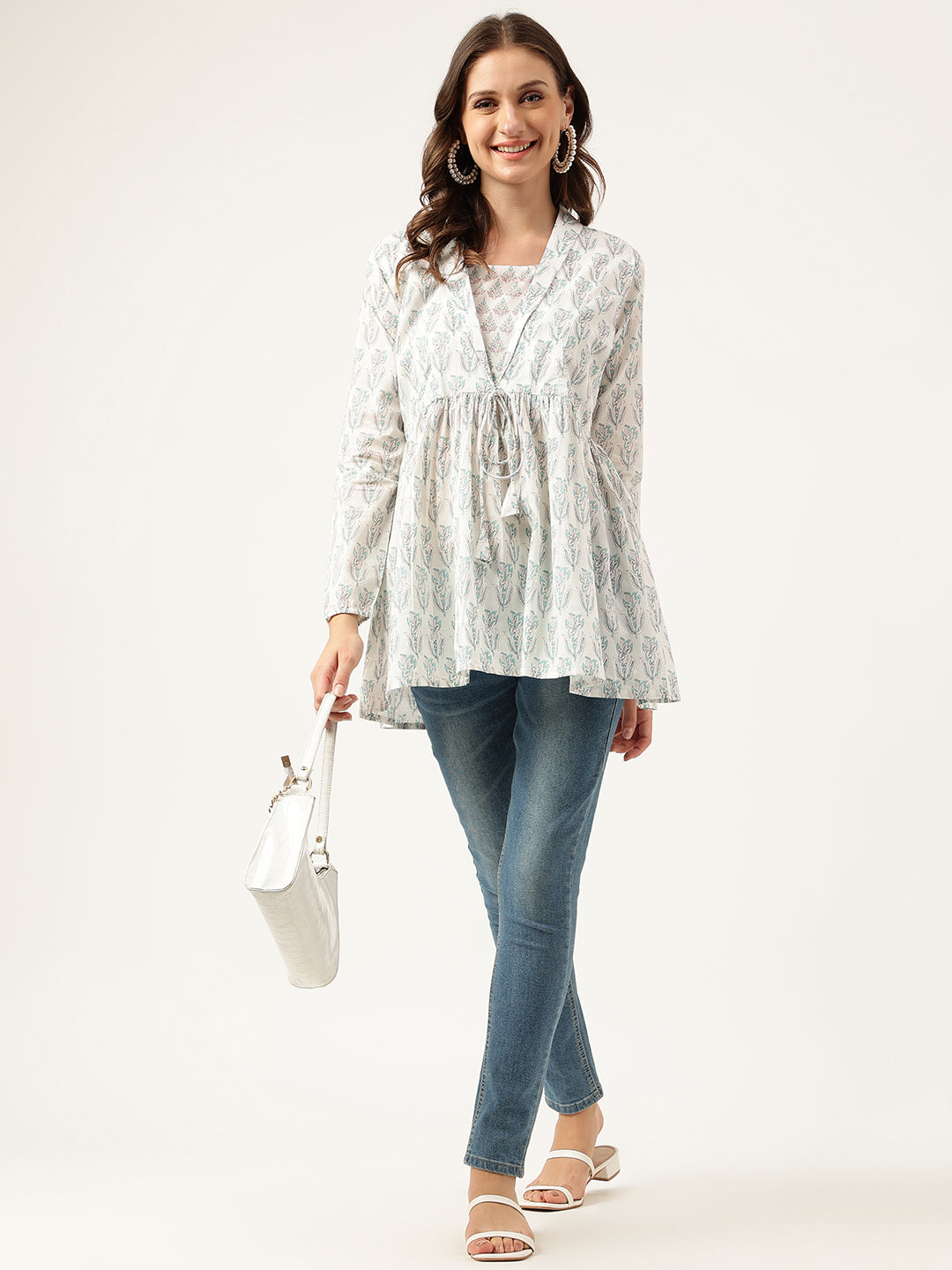 Divena White Floral Printed Empire Cotton Tops
