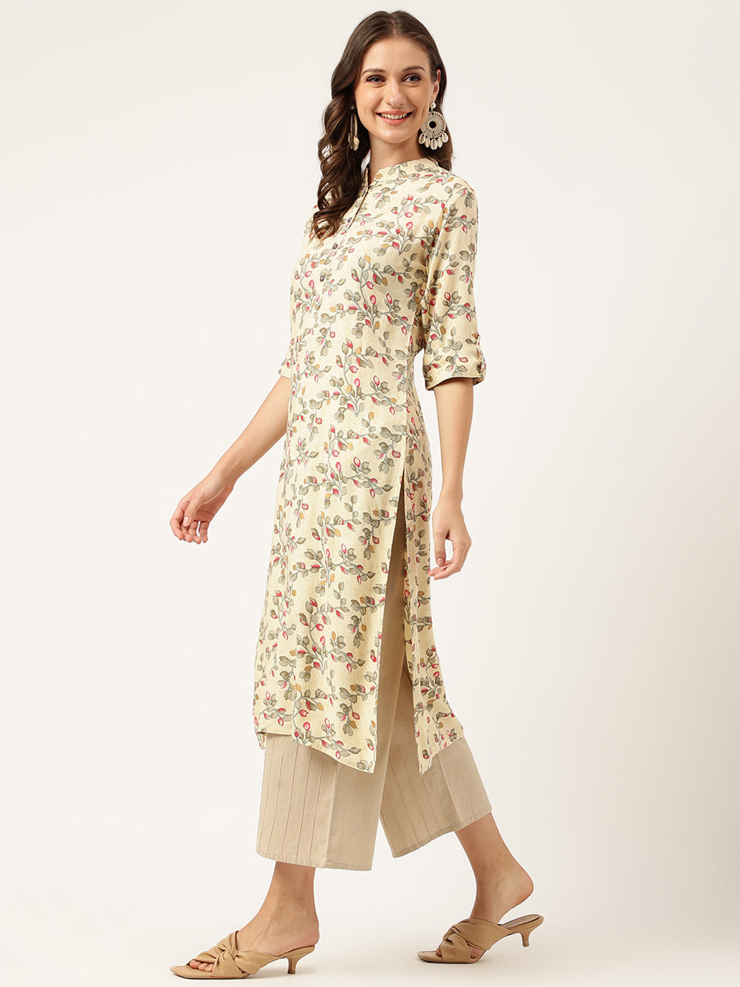 Divena Beige Floral Digital Printed Straight Fold Sleeve Kurta