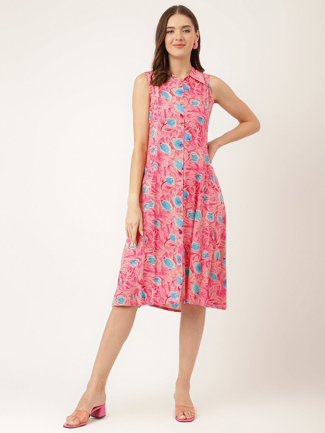 Party Wear Pink Floral Print Rayon A-Line Midi Dress for Women