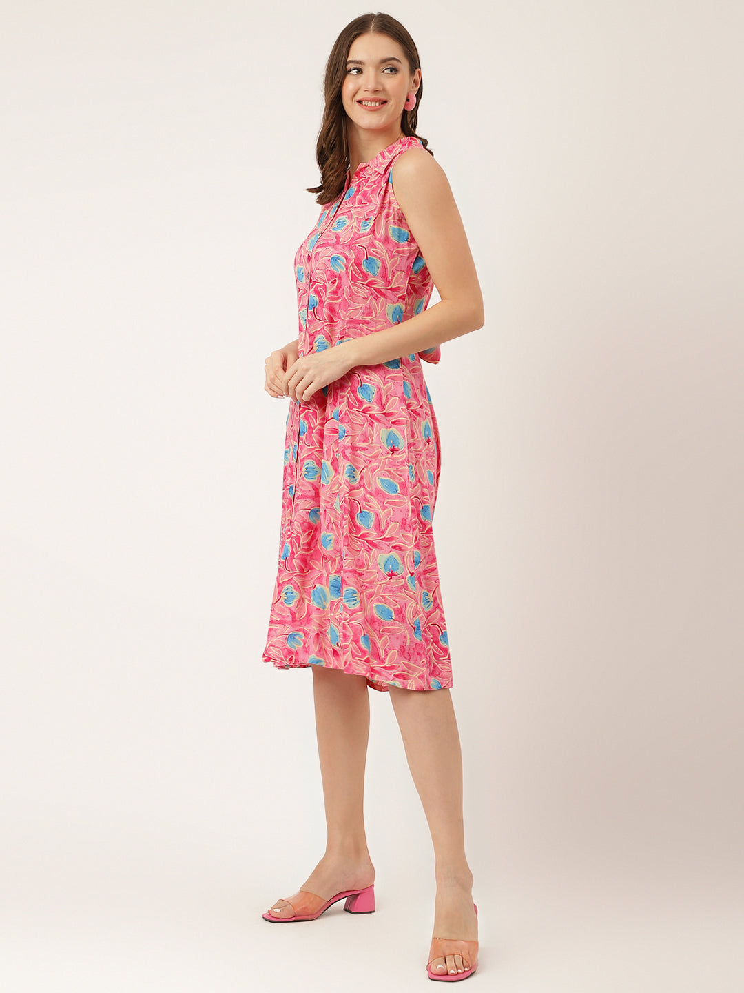 Party Wear Pink Floral Print Rayon A-Line Midi Dress for Women