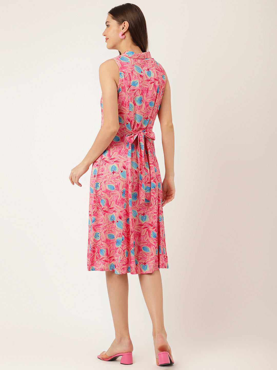 Party Wear Pink Floral Print Rayon A-Line Midi Dress for Women