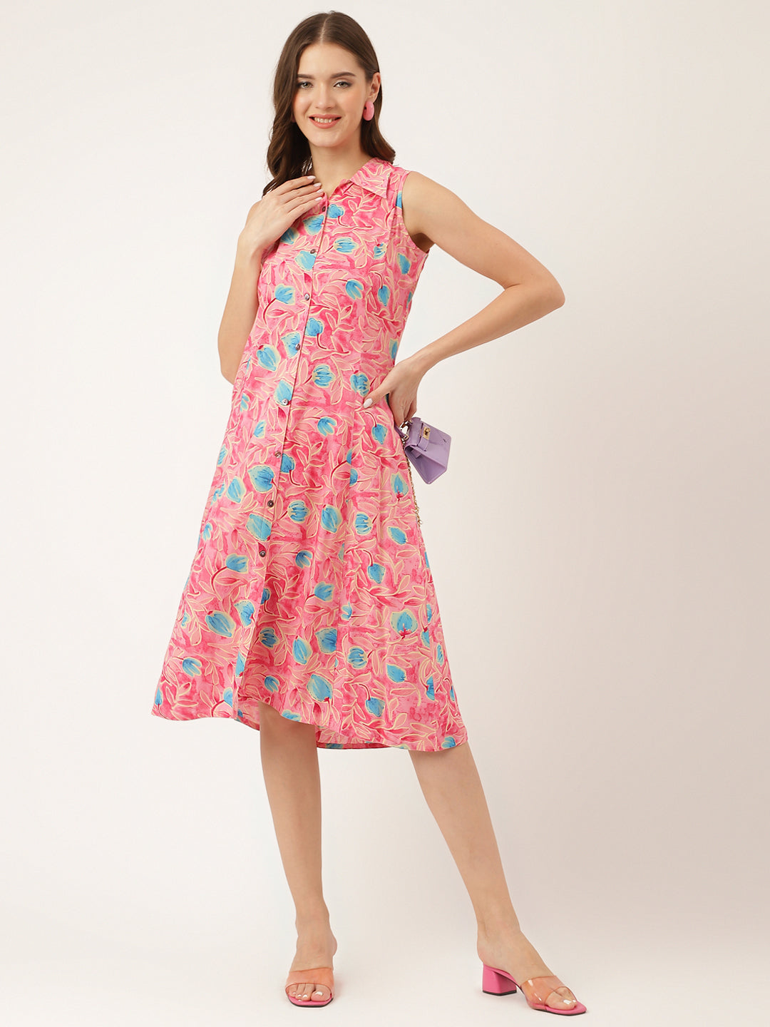 Party Wear Pink Floral Print Rayon A-Line Midi Dress for Women