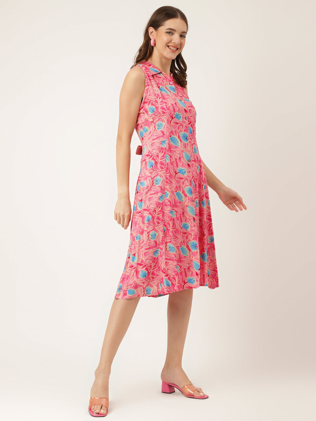 Party Wear Pink Floral Print Rayon A-Line Midi Dress for Women