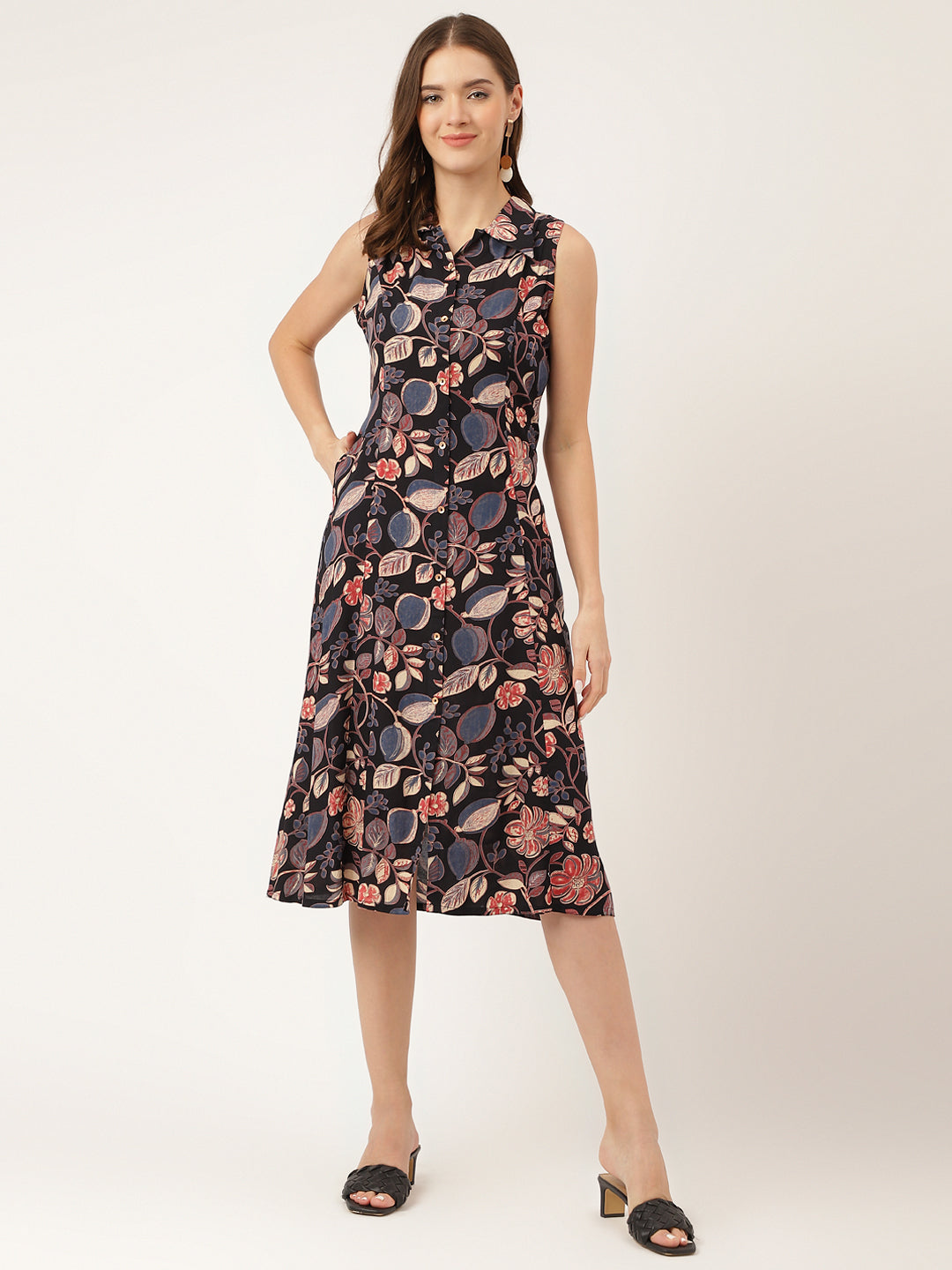 Navy Blue Floral Print Rayon A-Line Party Wear Midi Dress with Attached Sleeves for Women