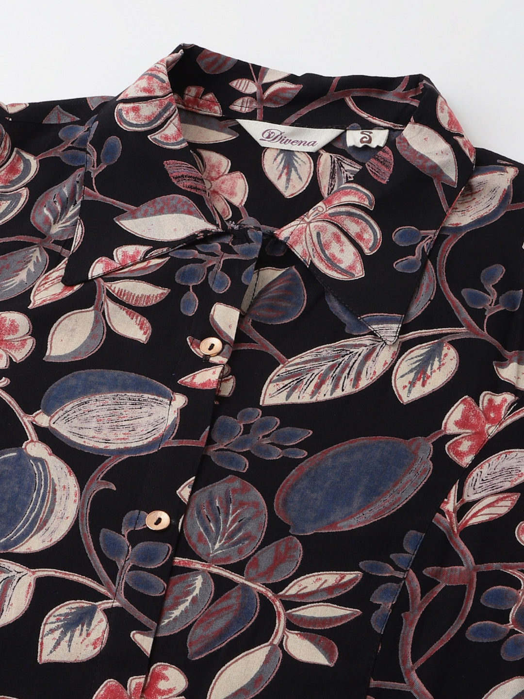 Navy Blue Floral Print Rayon A-Line Party Wear Midi Dress with Attached Sleeves for Women