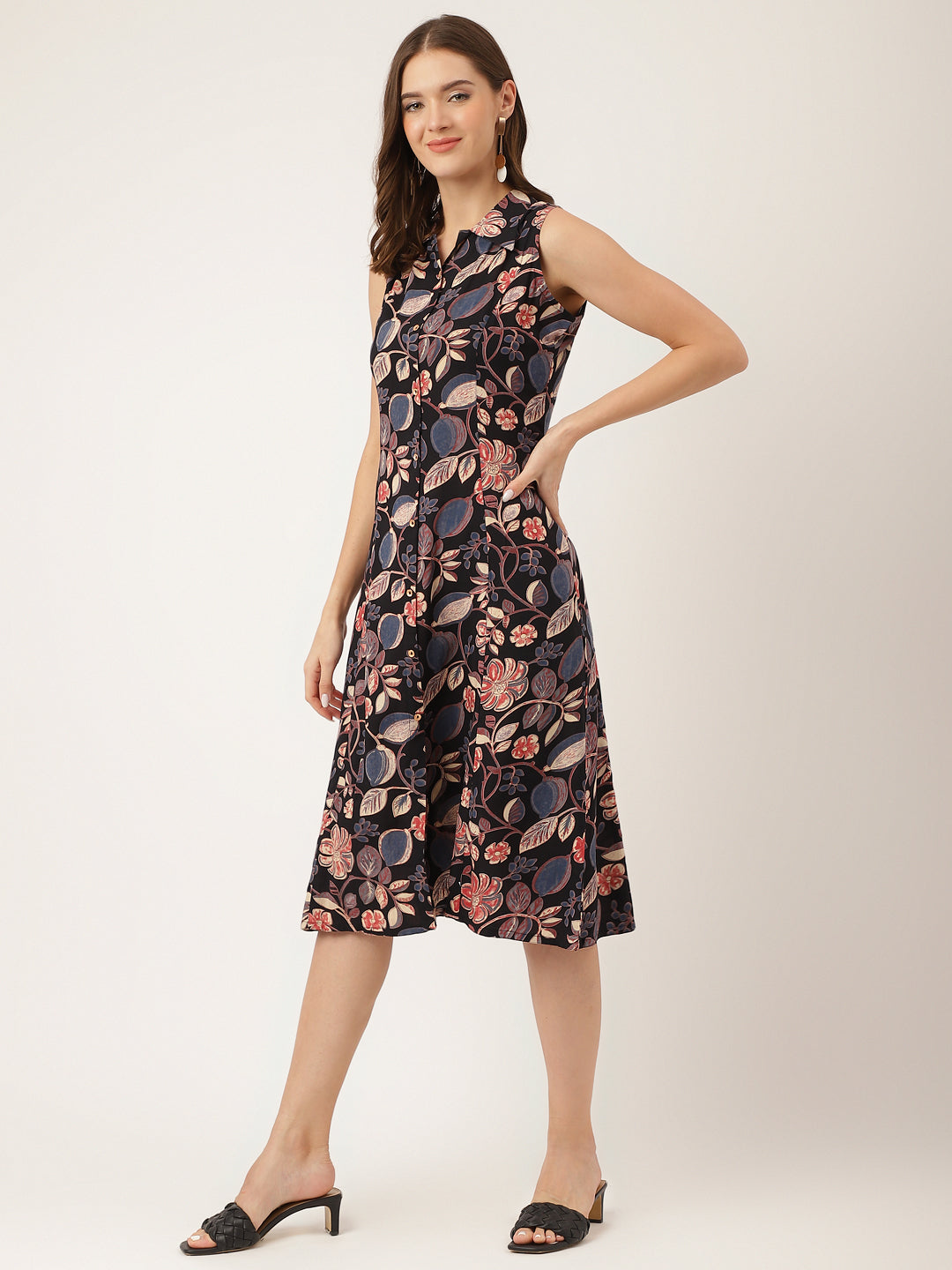 Navy Blue Floral Print Rayon A-Line Party Wear Midi Dress with Attached Sleeves for Women