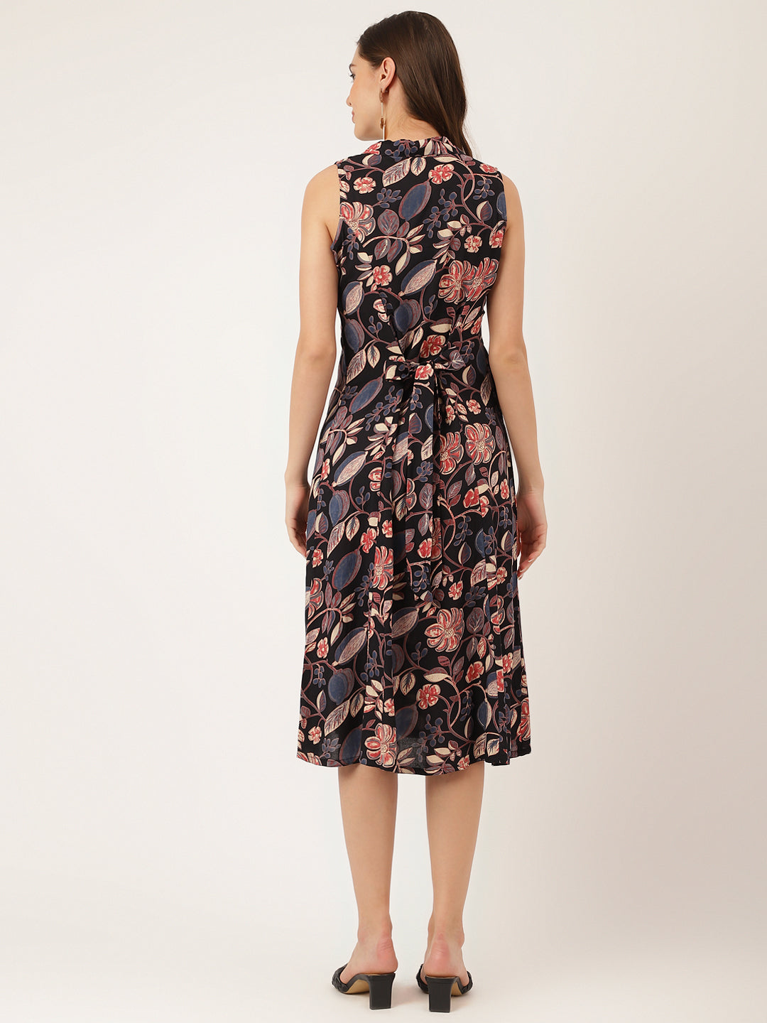 Navy Blue Floral Print Rayon A-Line Party Wear Midi Dress with Attached Sleeves for Women