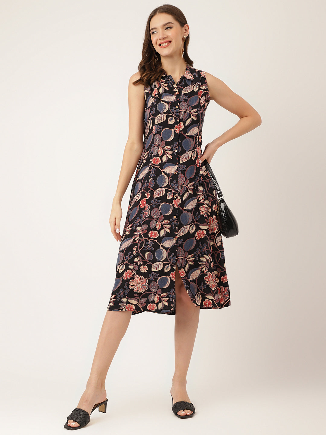 Navy Blue Floral Print Rayon A-Line Party Wear Midi Dress with Attached Sleeves for Women