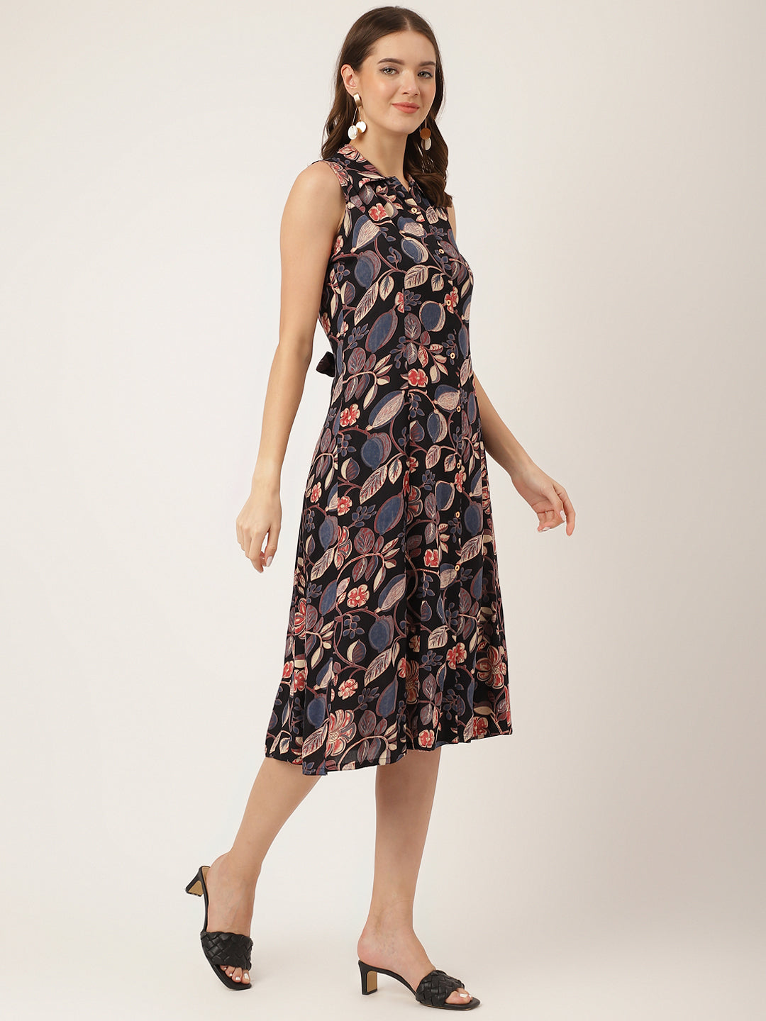 Navy Blue Floral Print Rayon A-Line Party Wear Midi Dress with Attached Sleeves for Women