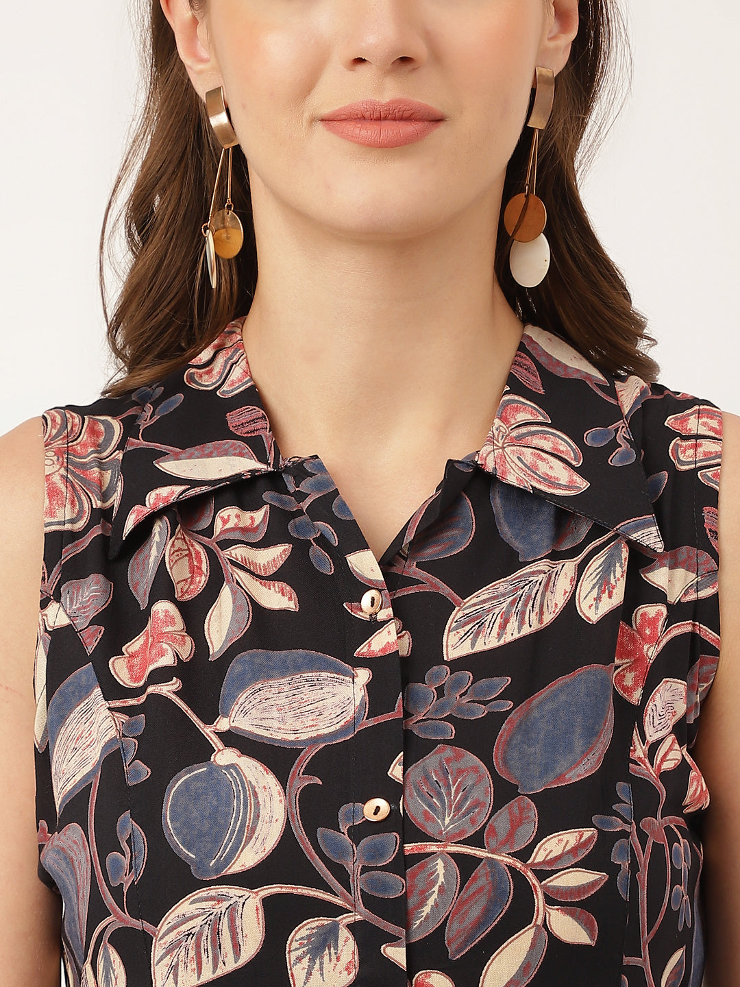 Navy Blue Floral Print Rayon A-Line Party Wear Midi Dress with Attached Sleeves for Women