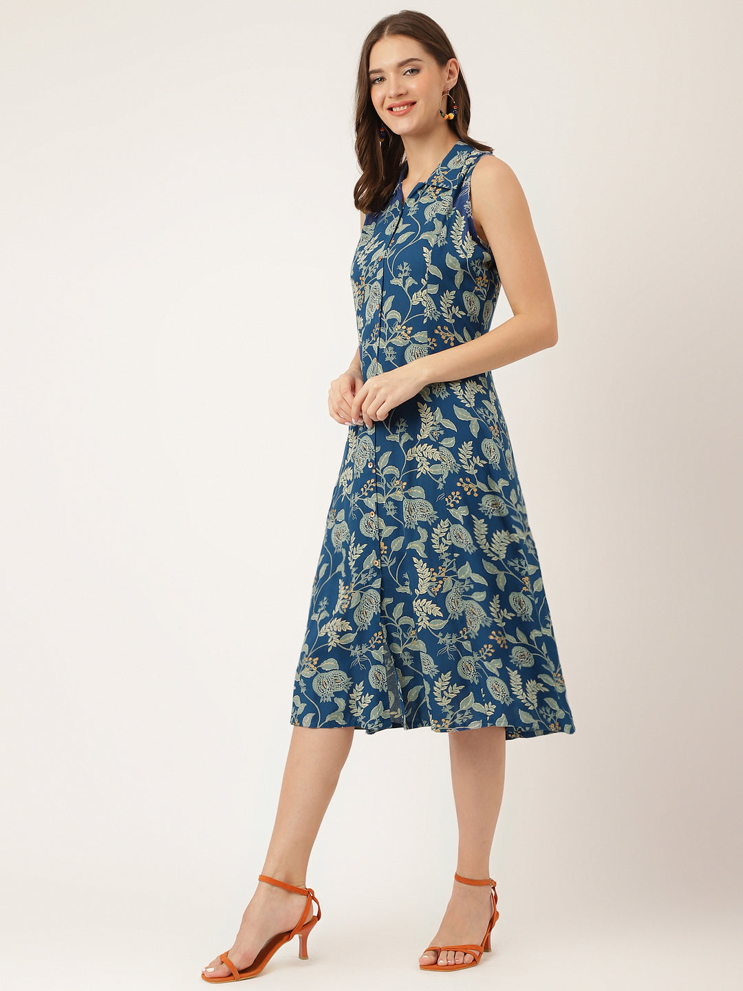 Blue Floral Printed Rayon A-Line Midi Dress Party Wear for Women