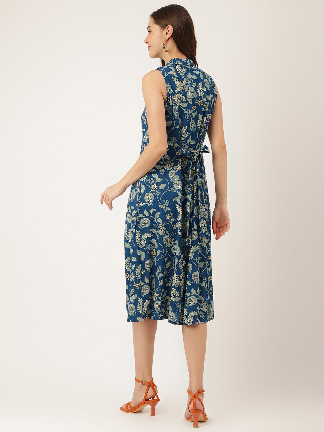 Blue Floral Printed Rayon A-Line Midi Dress Party Wear for Women