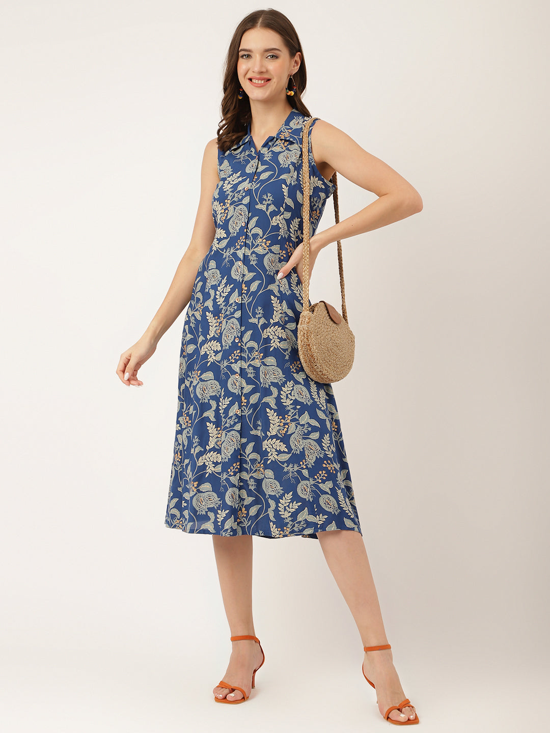 Blue Floral Printed Rayon A-Line Midi Dress Party Wear for Women