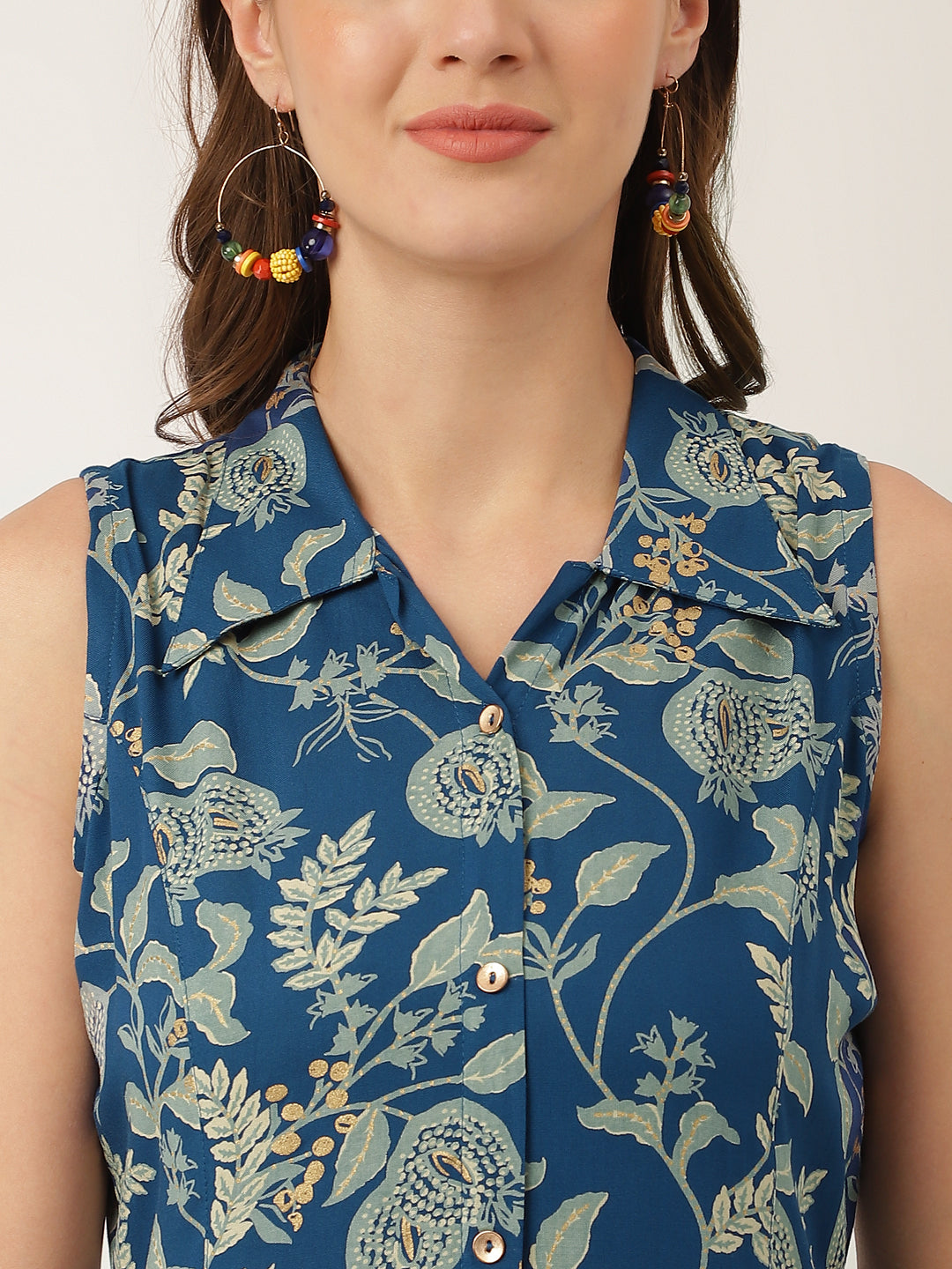 Blue Floral Printed Rayon A-Line Midi Dress Party Wear for Women