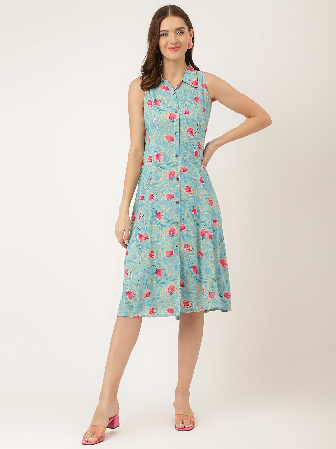 Blue Floral Print Rayon A-Line Midi Dress Party Wear for Women