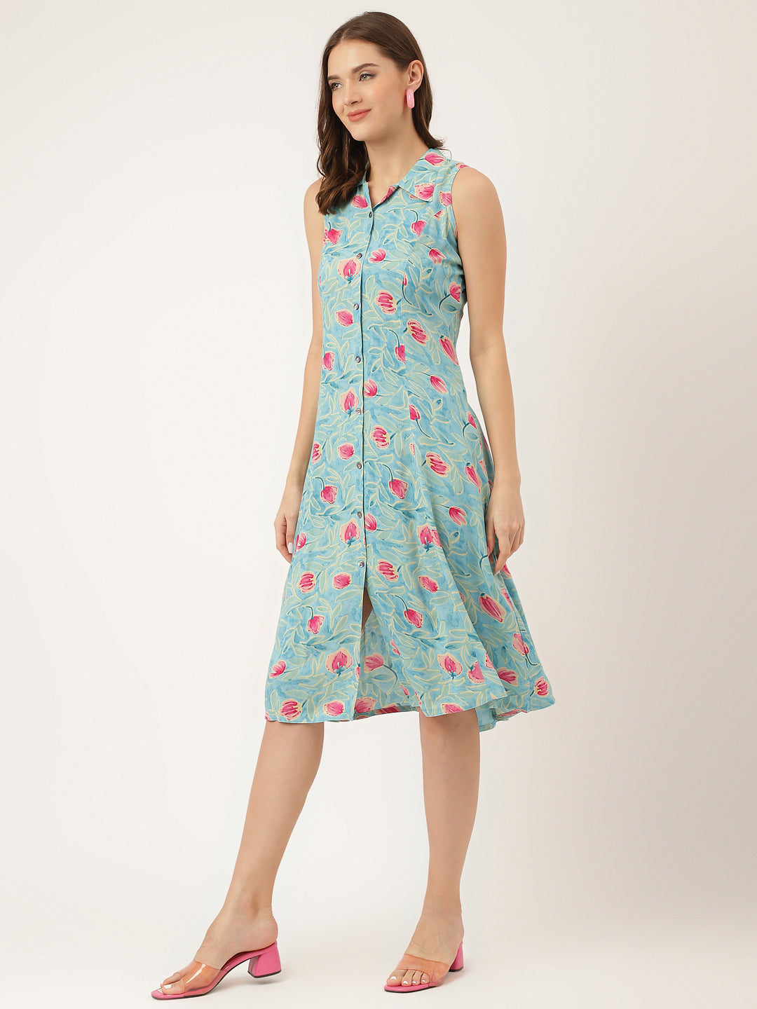 Blue Floral Print Rayon A-Line Midi Dress Party Wear for Women