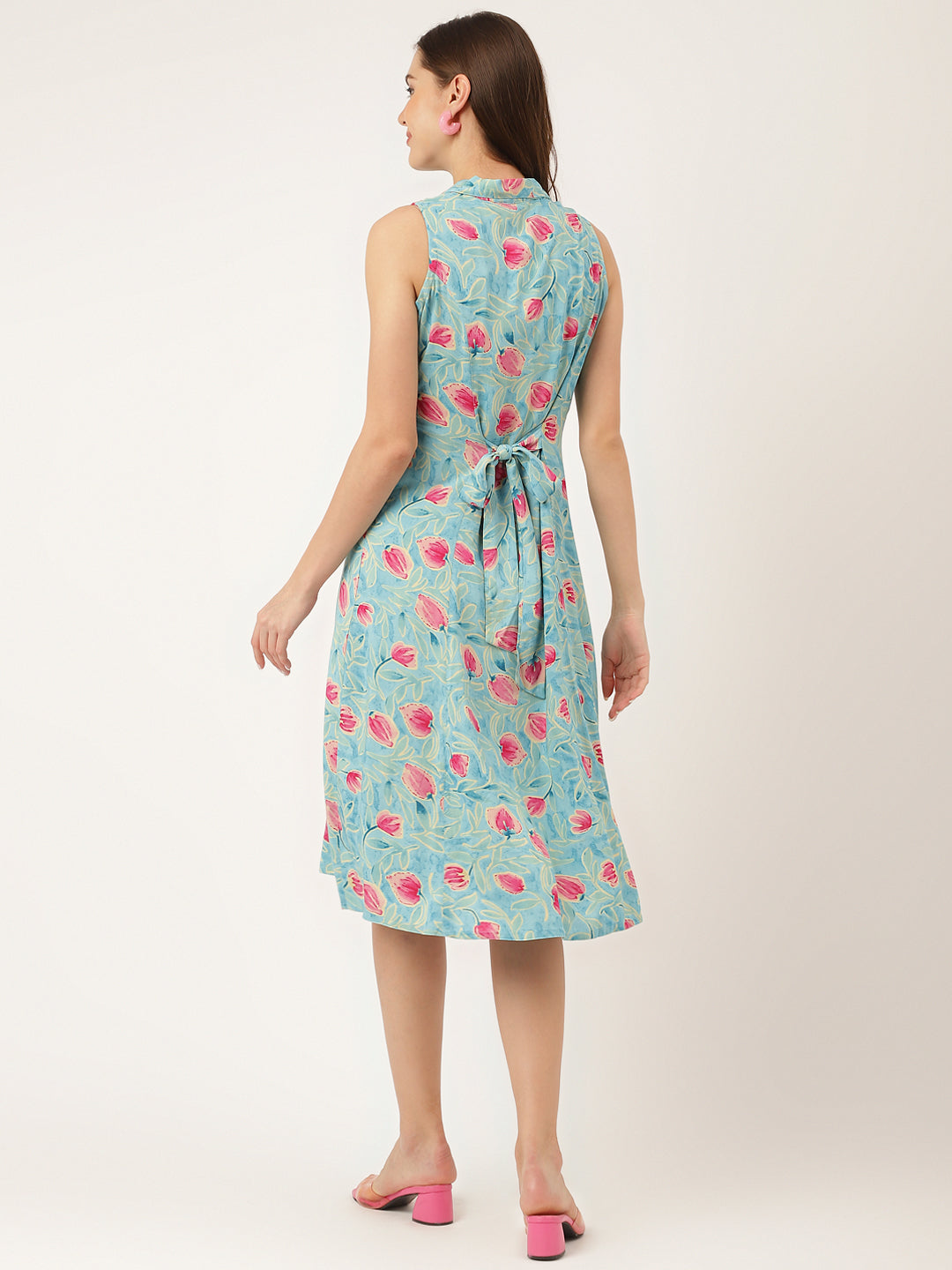 Blue Floral Print Rayon A-Line Midi Dress Party Wear for Women