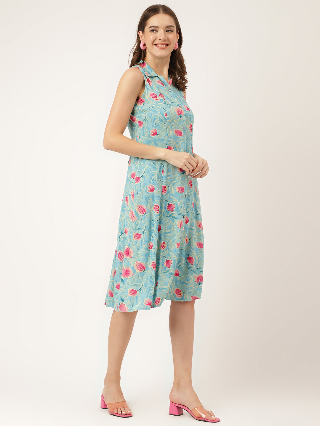 Blue Floral Print Rayon A-Line Midi Dress Party Wear for Women