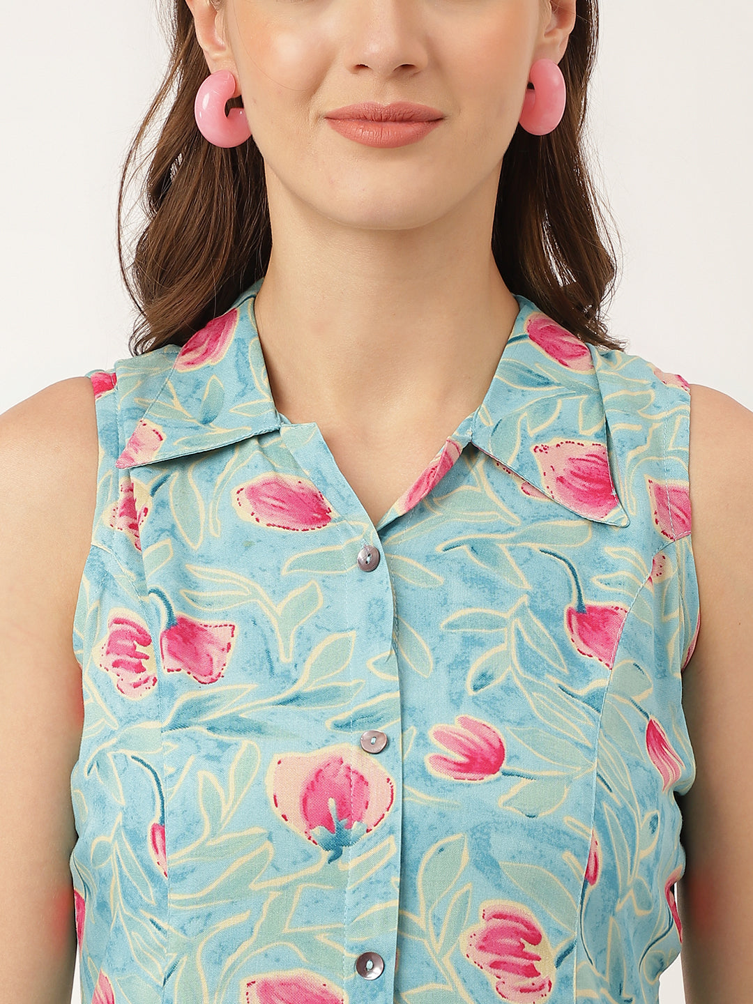 Blue Floral Print Rayon A-Line Midi Dress Party Wear for Women