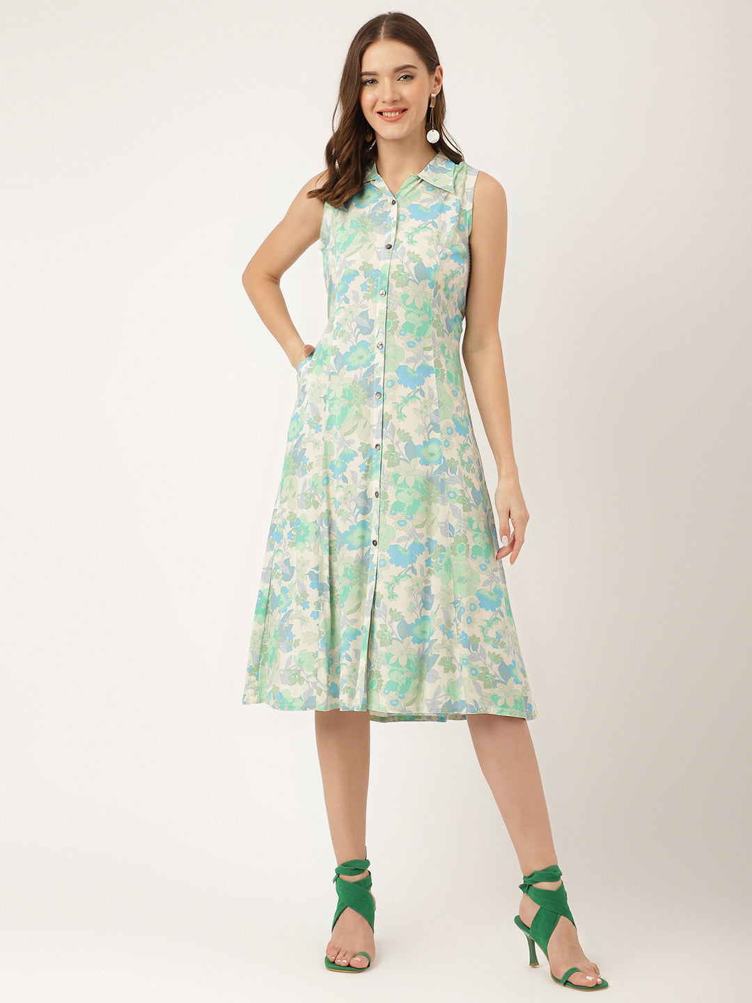 Green Floral Print Rayon A-Line Midi Dress Party Wear for Women