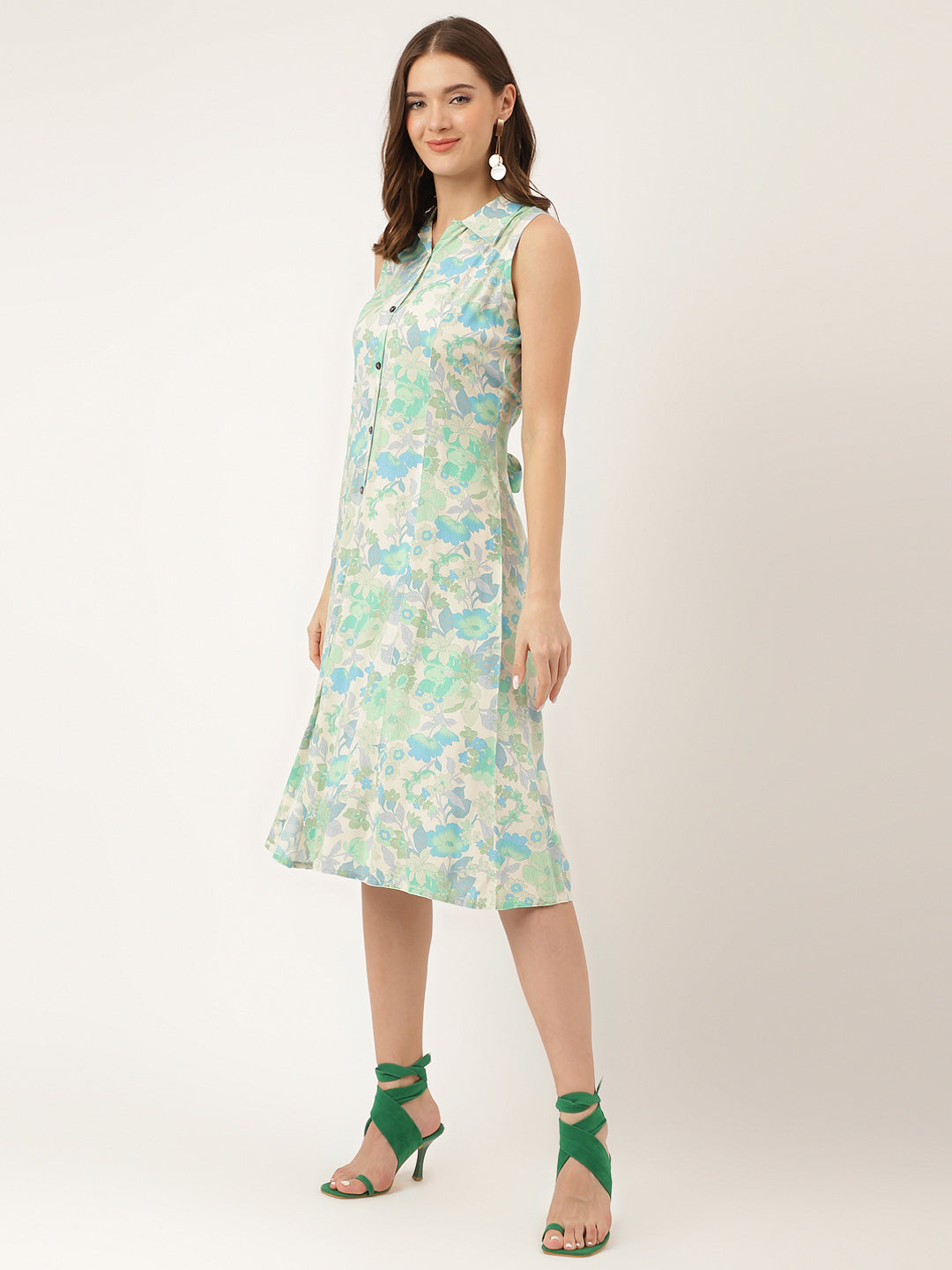 Green Floral Print Rayon A-Line Midi Dress Party Wear for Women