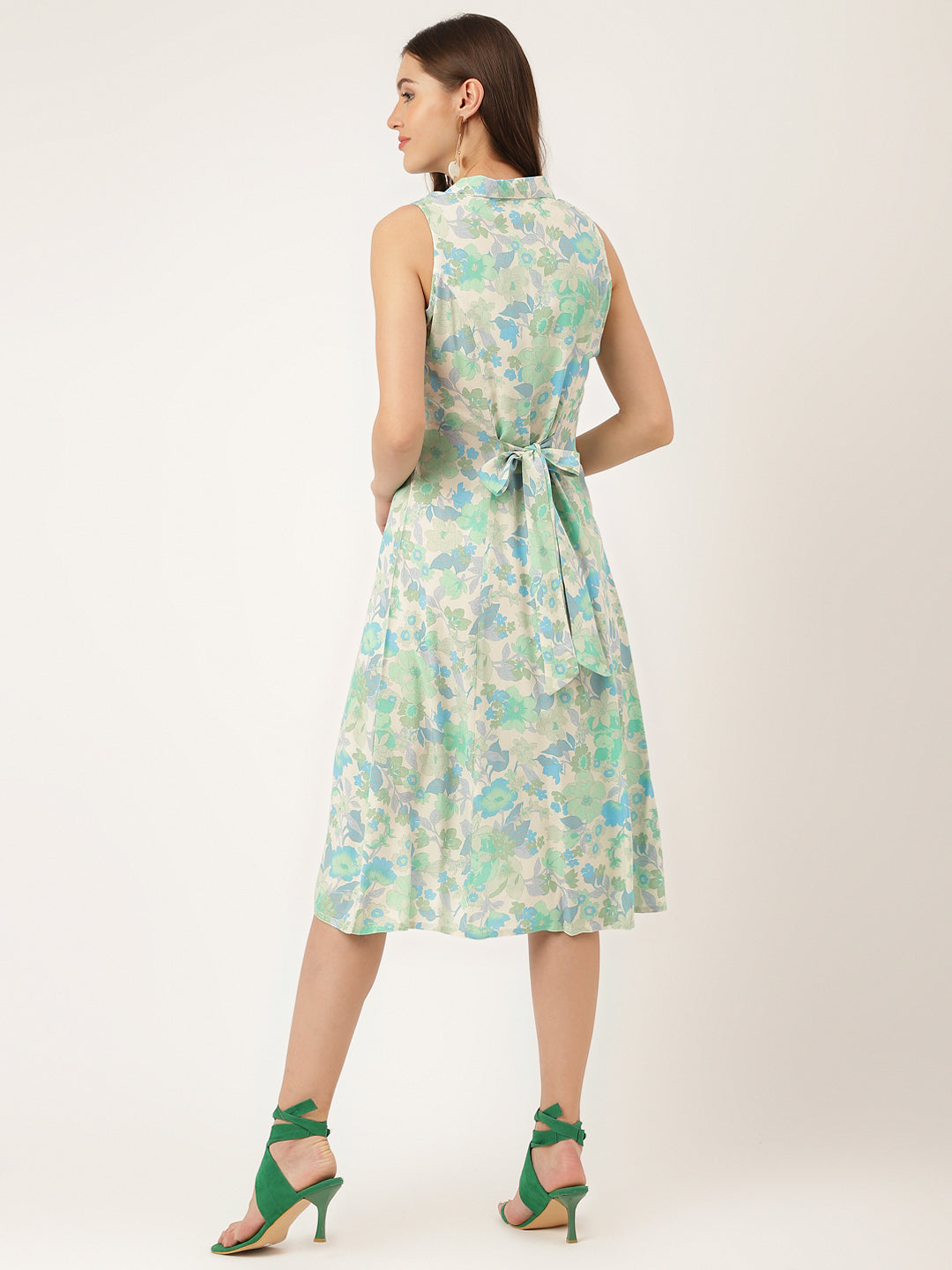 Green Floral Print Rayon A-Line Midi Dress Party Wear for Women