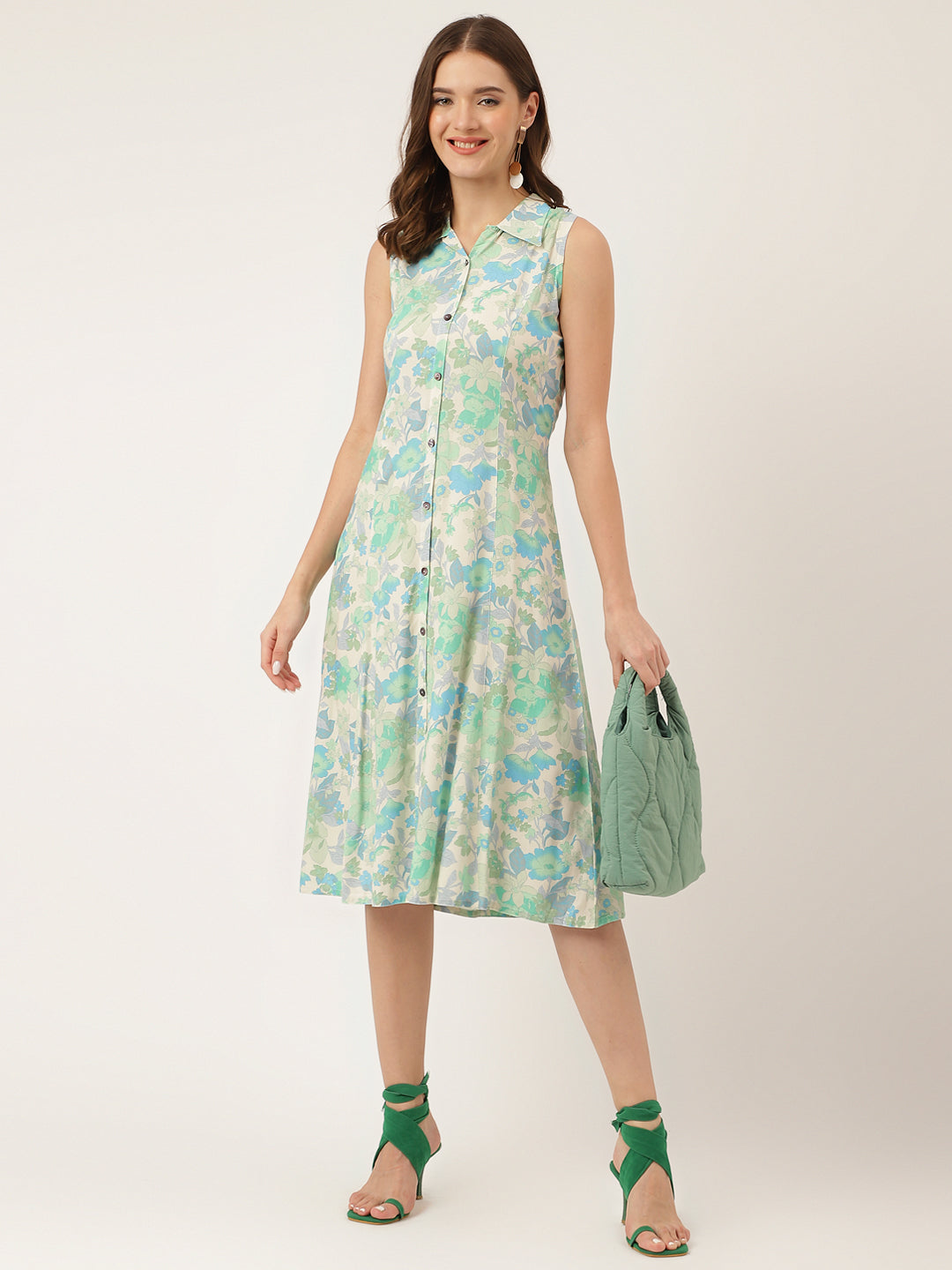 Green Floral Print Rayon A-Line Midi Dress Party Wear for Women
