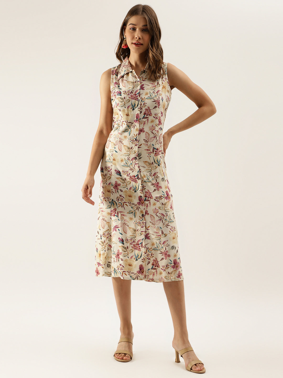 Cream Floral Printed Rayon Party Wear Midi Dress