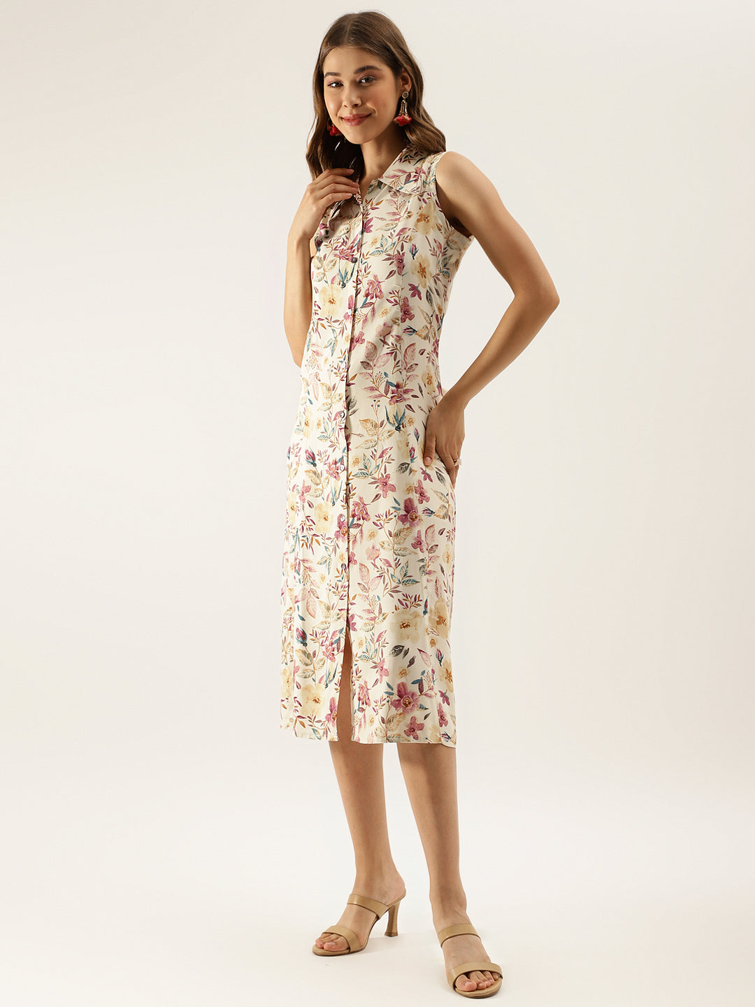 Cream Floral Printed Rayon Party Wear Midi Dress